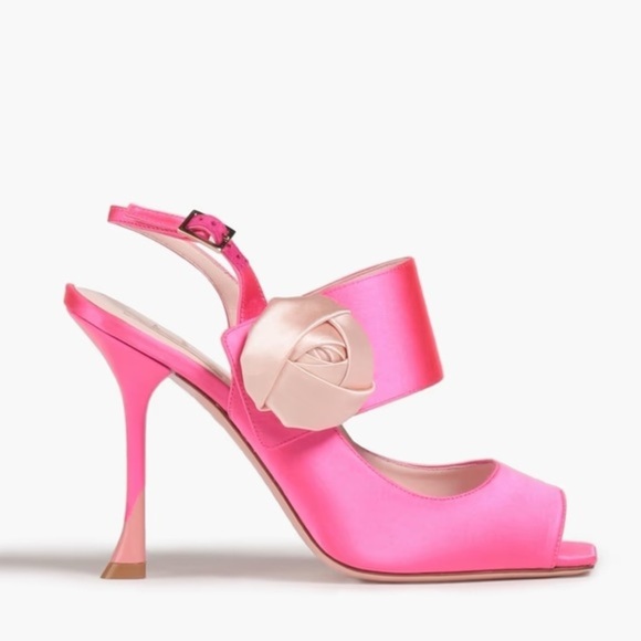 Roger Vivier Rose Floral Applique Satin Square Toe Barbie Pink Heels - Picture 1 of 9